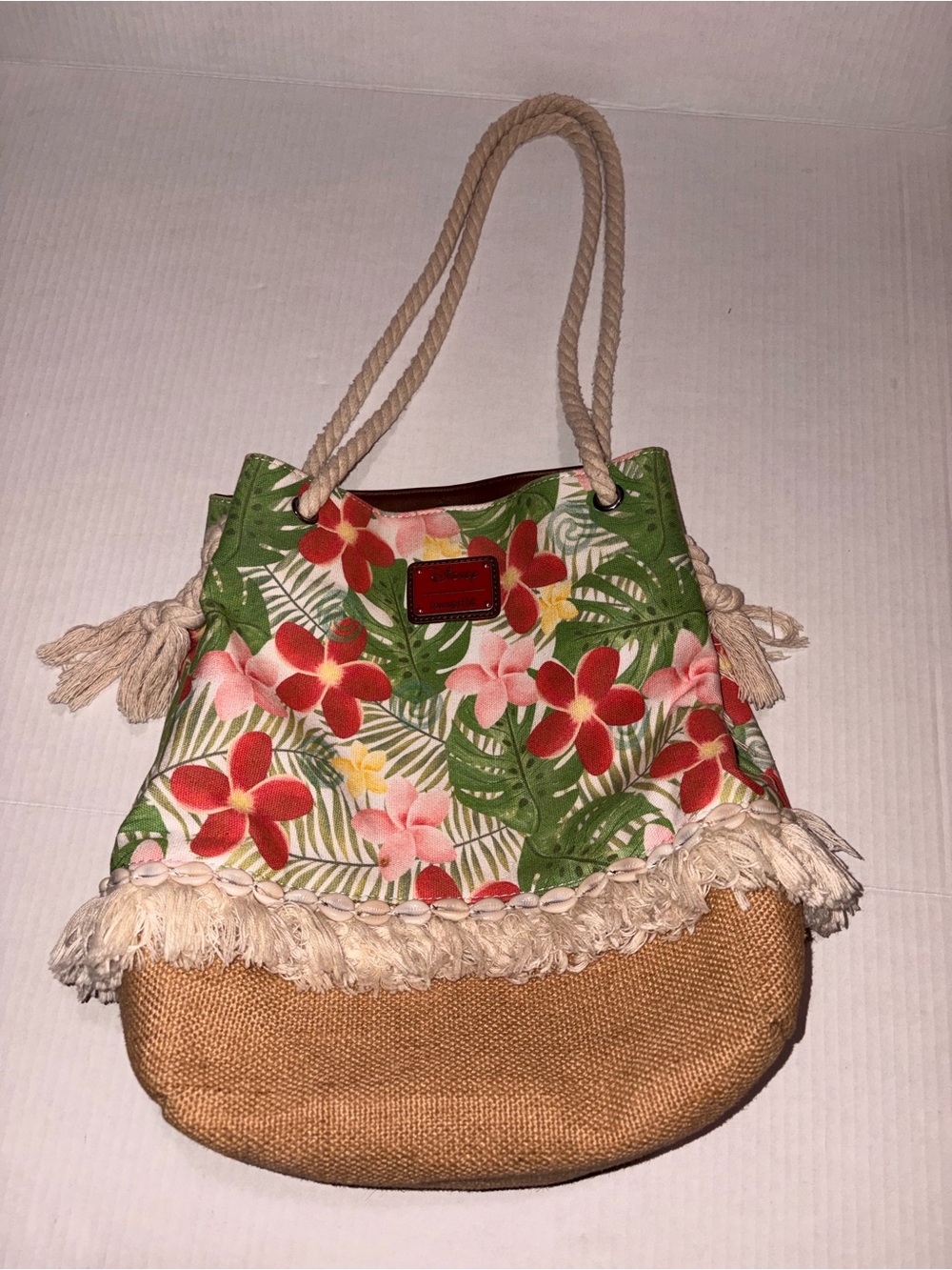 Disney loungefly Tropical Floral Rope-Handle Tote in Green, Red, Pink and Tan